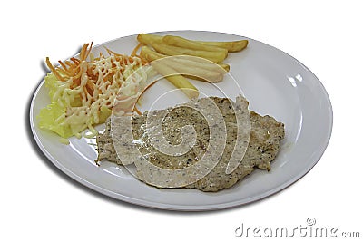 Isolated Pork steak with French fries and salad on a white background with clipping path Stock Photo