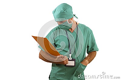 Isolated portrait of attractive and handsome medicine doctor or hospital nurse man in surgical bouffant hat and medical scrub Stock Photo