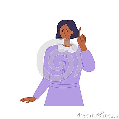 Isolated portrait of frowning woman cartoon character raising index finger pointing out her rights Vector Illustration