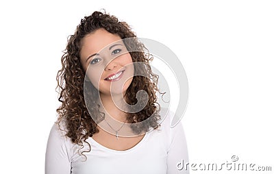 Isolated portrait: smiling young woman or girl in white with cur Stock Photo