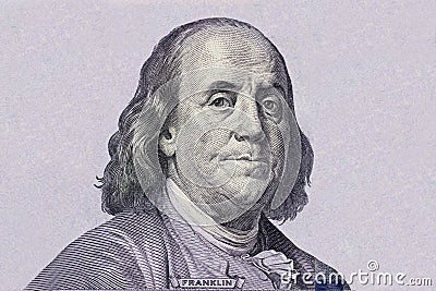 Isolated Portrait of Statesman, inventor, diplomat, and American founding father Benjamin Franklin on 100 US dollar. Stock Photo