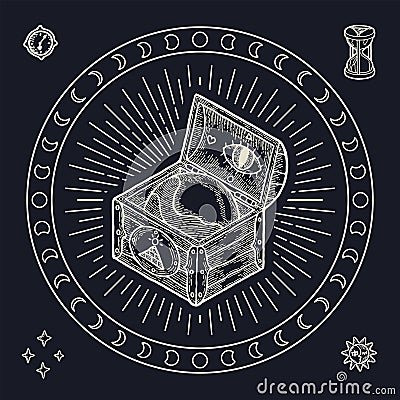 Isolated Print for TShirt. Vector illustration of Magic Gypsy Boho and Taro Style. Wooden Chest with Globe and Masonic Cartoon Illustration