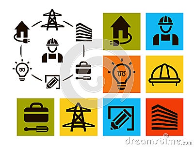 Isolated professional electrician icons set, equipment and tools logos collection, electricity pictogram elements vector Vector Illustration