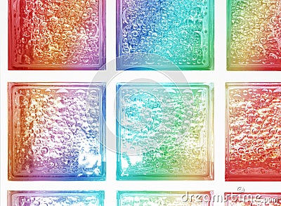 Isolated rainbow gradient colors light transparent square mirror glass block cube and window panel with tiles texture and circle b Stock Photo