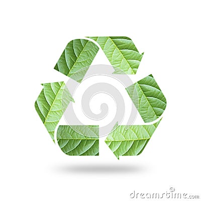 Isolated recycle arrow sign double exposure with natural green leaf pattern on white background for Environmental conservation Stock Photo