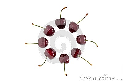 Isolated red cherries in circle on white background Stock Photo