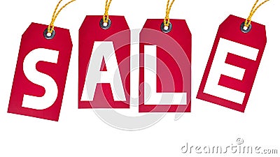 Isolated red hanging sales tags with White background Stock Photo