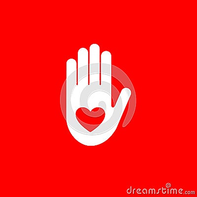 Isolated red heart in white hand vector logo. Like symbol. Give five sign. Help icon. Volunteering illustration. Heart Vector Illustration