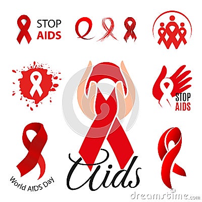 Isolated red ribbon disease awareness logo. World Aids Day concept logotype set. Stop virus icon. International support Vector Illustration