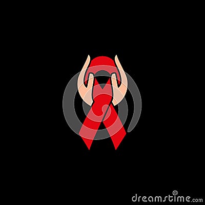 Isolated red ribbon in human hands. Disease awareness. World Aids Day concept. Stop virus icon. International support Vector Illustration