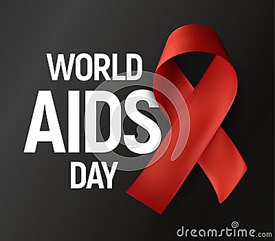 Isolated red ribbon with white text World AIDS Day on grey background, HIV Awareness vector logo, stop AIDS baner. Vector Illustration