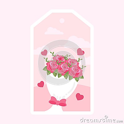Isolated Red Rose Bouquet With Flying Hearts Over Pink Clouds Pentagon Stock Photo