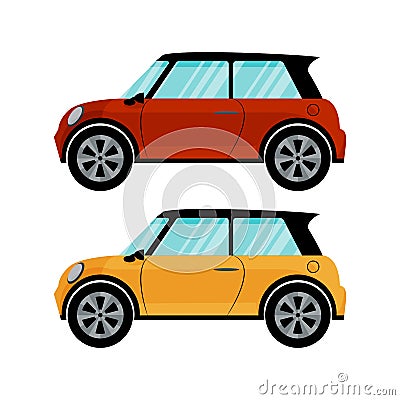 Isolated red and yellow cars in retro style on white background. Flat vector design Vector Illustration