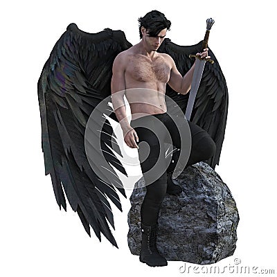 Dark Angel with Black Wings Holding a Sword Stock Photo