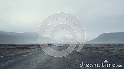 Isolated Road In Iceland: Post-apocalyptic Surrealism With Mountains And Fog Stock Photo