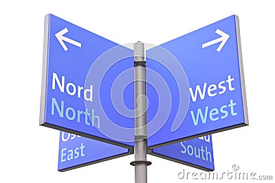 Isolated roadsign with geographic directions Stock Photo