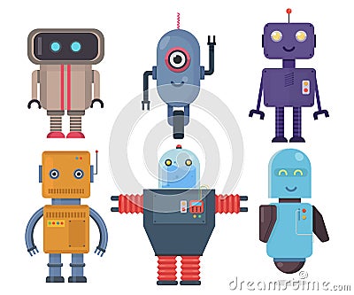 Isolated robot set. Collection future element icon character, cartoon robots.Flat vector illustration set. Vector Illustration