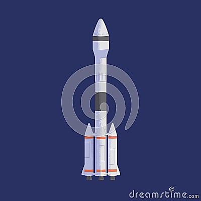 Isolated rocket flying in stratosphere. Futuristic rocketship or spaceship during universe traveling. Flight of Vector Illustration