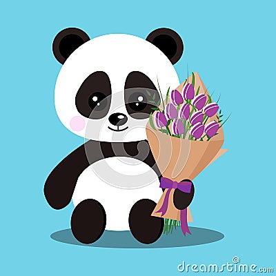 Isolated romantic sweet cute baby panda bear in sitting pose with bouquet Vector Illustration