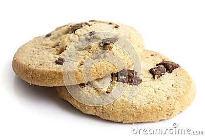 Isolated round chocolate chip shortbread biscuits. Broken piece. Stock Photo