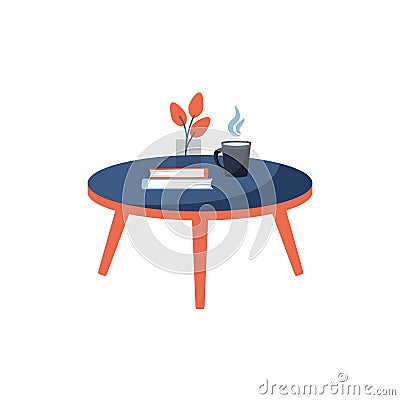 Isolated round coffee table with decorations Vector Illustration