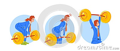 Isolated Round Icons or Avatars with Female Business Character Lift The Barbell With Pride, Signifying Accomplishments Vector Illustration