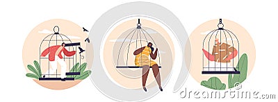 Isolated Round Icons Or Avatars With Isolation And Confinement Scenes. People Seated Within Secure Cages Vector Illustration