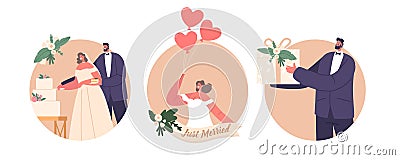 Isolated Round Icons or Avatars of Newlywed Male and Female Characters Cutting Festive Cake, Groom Holding Gift Box Vector Illustration