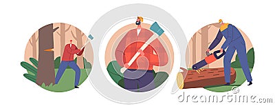 Isolated Round Icons Or Avatars Of Skilled Lumberjack Characters Felling Trees, Operating Chainsaw Or Axe Vector Illustration