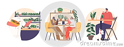 Isolated Round Icons With Customers Enjoying Plant-based Meal In Vegan Restaurant Savoring Delicious Cruelty-free Dishes Vector Illustration