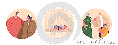 Isolated Round Icons With Happy Family Characters Gather At Home To Meet Arrival Of Newborn, Embracing Moments Of Love Vector Illustration