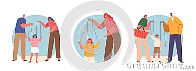 Isolated Round Icons of Parents Exert Total Control Over Their Child, Manipulating Their Actions And Decisions Vector Illustration