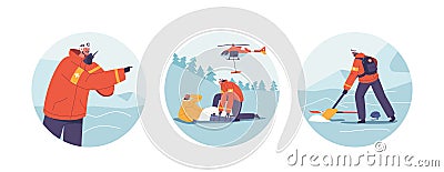 Isolated Round Icons With Scenes Of Dangers In Mountains. Rescuers Save Lives, Help To Injured Skier, Evacuate Victims Vector Illustration