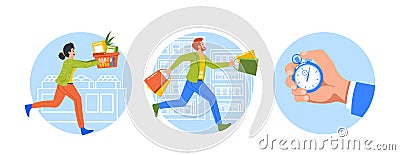 Isolated Round Icons with Shoppers Racing Through Supermarket Grab The Best Deals And Discounts During Limited-time Sale Vector Illustration