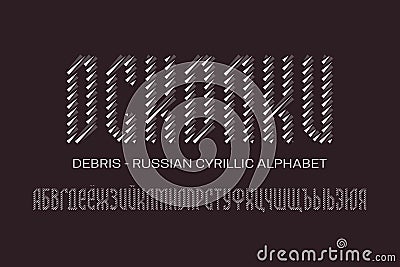 Isolated Russian cyrillic bicolor alphabet of triangular pieces. Artistic display font. Title in Russian - Debris Vector Illustration