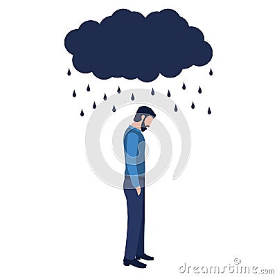 Isolated sad man under a cloud and rain on a white background. Concept of anxiety disorders, mental illness, stress and depression Vector Illustration