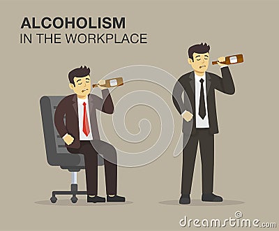 Isolated sad manager or worker drinking alcohol at work. Drunk male character standing and sitting on armchair and holding bottle. Vector Illustration