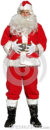 Isolated santa stands with his hands on his tummy as if to say Stock Photo