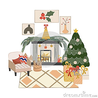 Isolated Scandinavian Christmas interior with fireplace, Christmas tree.Cozy armchair with cushions and woodpile for Vector Illustration