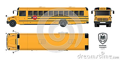Isolated school bus drawing. 3d blueprint of municipal transport. Top, side, front vehicle view. Academy orange lorry Vector Illustration