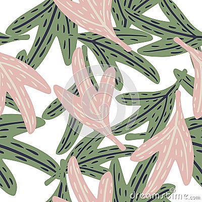 Isolated seamless cartoon pattern with nature reen and pink leaf elements. White background Cartoon Illustration