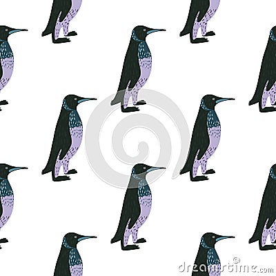 Isolated seamless pattern with doodle funny penguin ornament. WHite background. Exotic zoo backdrop Vector Illustration