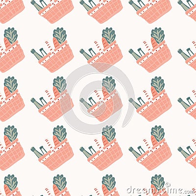 Isolated seamless pattern with pink colored basket. Products for picnic on white background Cartoon Illustration