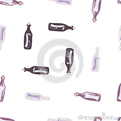 Isolated seamless pattern with purple bottle with message print. White background. Simple style ornament Vector Illustration