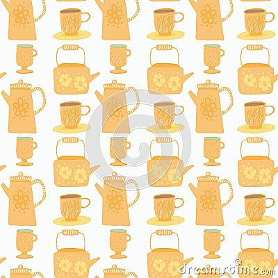 Isolated seamless summer teapot pattern. Kettle elements in bright orange color on white background Cartoon Illustration