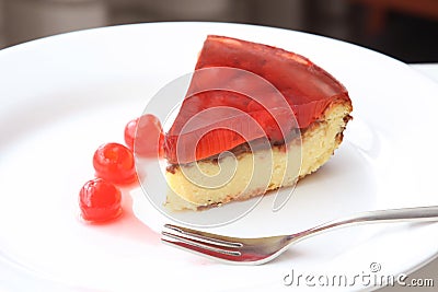 Isolated served slice of delicious cherry cheese cake Stock Photo