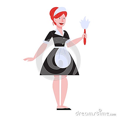 Isolated service maid. Woman in uniform with cleaning equipment. Vector Illustration