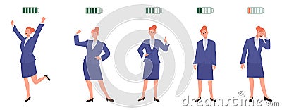 Isolated set of different energy level of businesswoman with charged and uncharged battery Vector Illustration