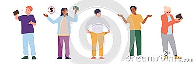 Isolated set of different people holding empty wallets, showing pockets without any cash on white Vector Illustration