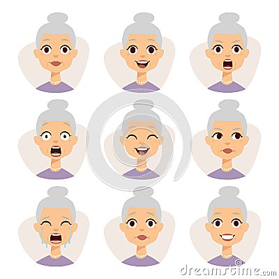 Isolated set of funny granny avatar expressions face emotions vector illustration. Vector Illustration